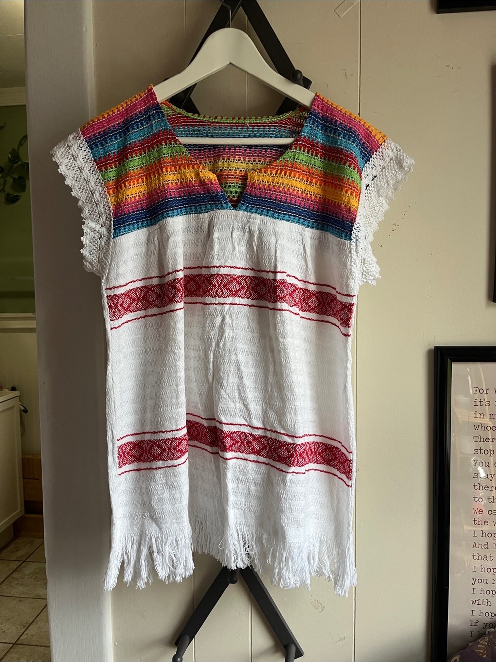 Mexican Artisanal Handwoven White Cotton Tunic with Rainbow Yoke
